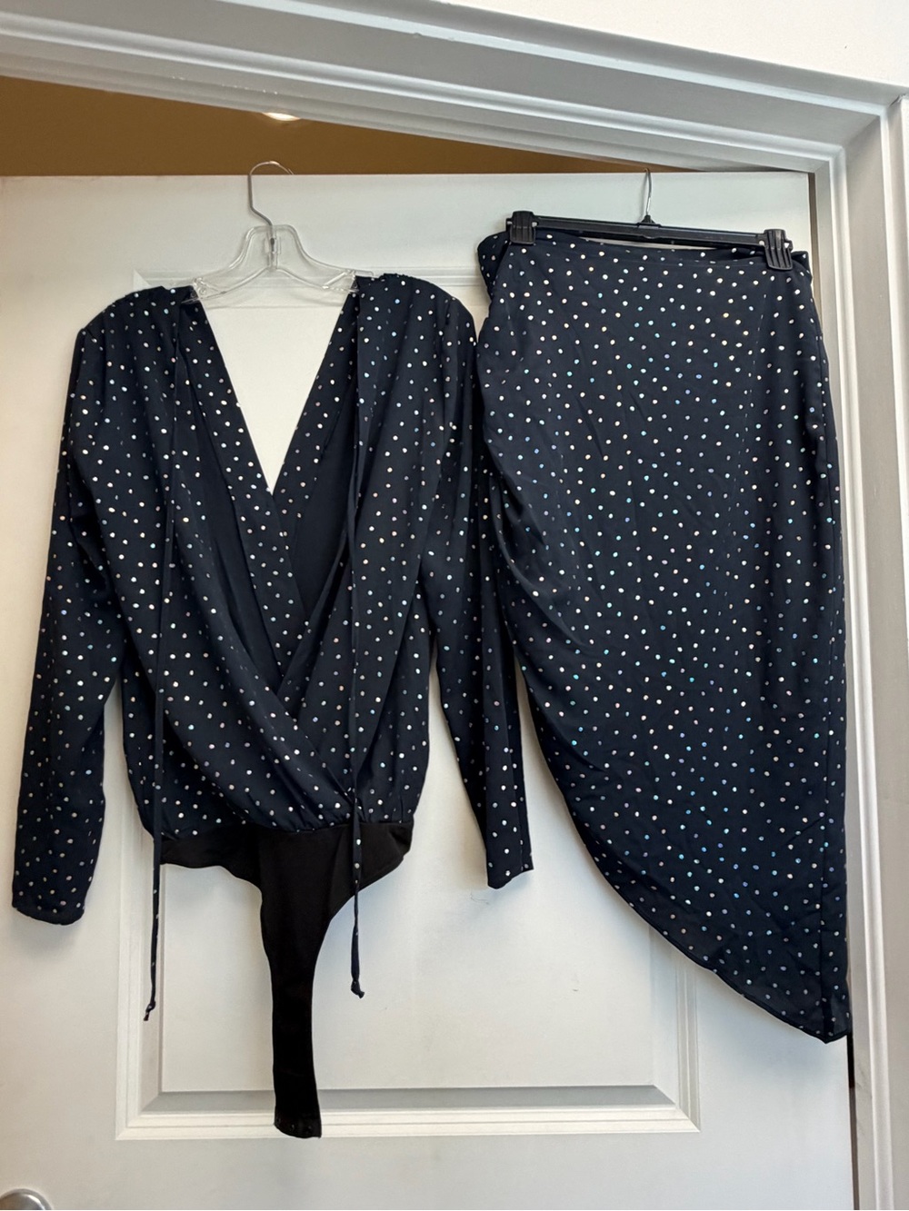 BCBGeneration Black & White Polka Dot Wrap Bodysuit with Asymmetrical Skirt